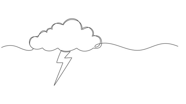 Self drawing animation of single continuous line draw flashing thunderbolt with heavy cloud in the sky. Motion design. Animated technology logo. Video, Minimalism one line draw. Full length animated.