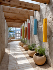 Modern corridor with colorful hanging cylinders and planters.