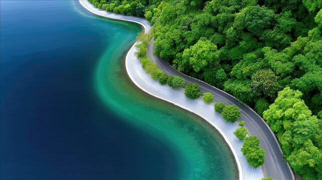 Aerial View Of A Winding Coastal Road Lined With Dense Green Forest And Turquoise Water With White Rocky Shoreline