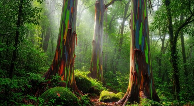 Three tall, colorful trees in a lush, green forest with misty fog in the background.