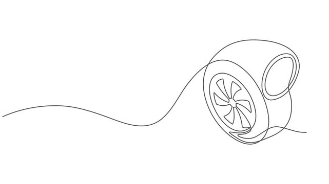 animated self drawing of single continuous line turbocharger. Line art drawing of turbocharger showcasing intricate mechanical components, Full length one line animation. Stylized turbocharger vector.