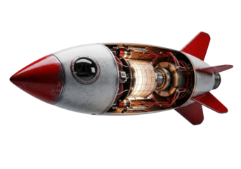 A photorealistic, cut-open vintage red and white rocket model, burnished metal, intricate internal mechanisms, glowing core, on a transparent background with high-contrast lighting, Concept of vintage