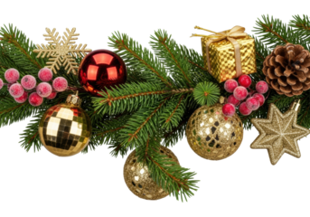 Macro, luxurious Christmas garland: deep green fir, dewdrops, ruby berries, gold baubles, snowflake, golden gift box, pine cone on transparent, festive holiday concept