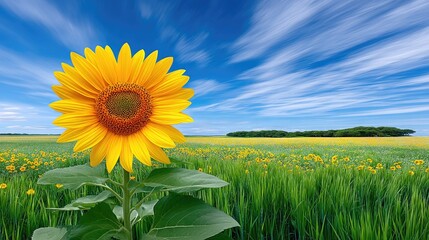 A Close-up of a Single Bright Yellow Sunflower in Full Bloom Facing the Sun Amidst a Vast Field of Sunflowers Under a Bright Blue Sky with Wispy Clouds and Distant Green Trees on the Horizon