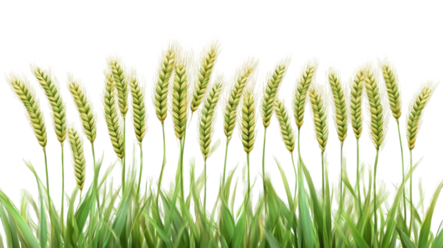 Green wheat plant showing fresh young spikes with natural agricultural texture and organic farm crop detail isolated on white background