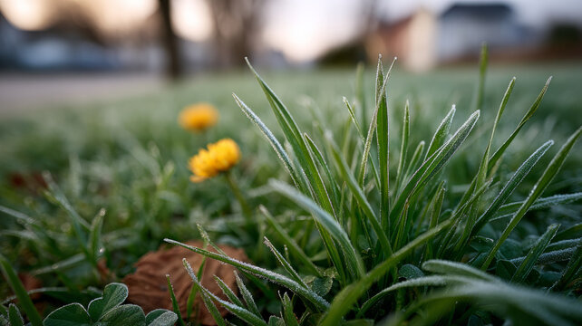 Frost-covered grass and dandelions on a cool morning.