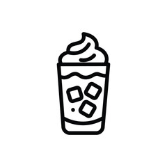 Iced coffee drink line icon, tall glass with straw and whipped cream topping, representing frappe, iced latte, or cold beverage, perfect for cafe and drink menu design