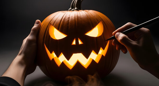 Carving a Jack-o'-Lantern: Halloween pumpkin with glowing face being carved.