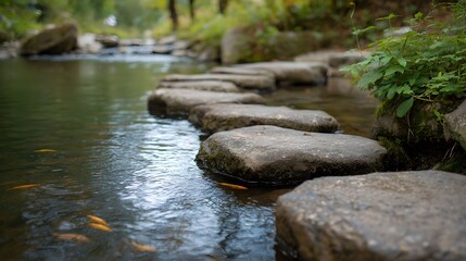 A tranquil natural stream with smooth stepping stones forming a path across the water where several orange fish swim