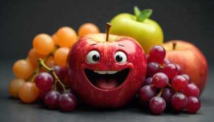 Fruit Having a Gaggle of Giggle Inducing Shenanigans A brightly lit, high angle shot of various fruits, such as an apple with a wide, laughing grin, a bunch of grapes clustered in a giggling group,