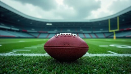 Rainy Day American Football Kick Gloomy Atmosphere An American football on a kicking tee in the center of a rain soaked football field. Visible water droplets on the ball and grass. Puddles reflecting