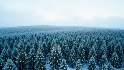 Snow Dusted Pine Forest in Morning Mist A dense forest of tall pine trees heavily covered in fresh snow. Soft, ethereal morning mist hangs low amongst the branches, creating a tranquil and serene