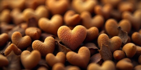 Wildflower Seed Hearts Several small, imperfect heart shapes meticulously formed from a mix of diverse wildflower seeds. These seed hearts are nestled on a bed of naturally dried, textured leaves in