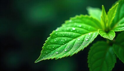 Lush Green Foliage with Subtle Sparkle Macro view of intensely vibrant green leaves covered in tiny, sparkling dew drops and subtle, ethereal light particles. The background is a blurred, deep green.