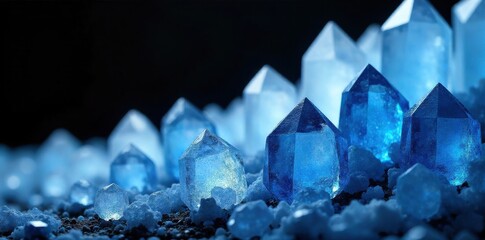 Crystalline Structures Suggesting Purity, Clarity, and Precision Sharp, translucent crystalline structures with faceted surfaces, rendered in cool, clear blues and whites against a very light, clean