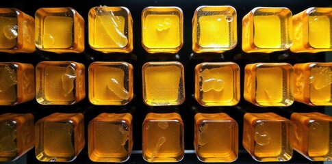 Abstract Pattern of Lemon Juice Ice Cubes on Dark Background An overhead, top down view of ice cubes, infused with lemon juice to create a vivid yellow color, arranged in a precise, repeating