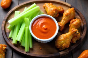 Deconstructed Celery Buffalo Wing Ingredients and Finished Product Overhead shot of a rustic wooden board with artfully arranged fresh celery stalks, a small bowl of vibrant red buffalo sauce, and a