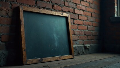 A large, antique blackboard leaning against a brick wall, bathed in soft light. A full shot of a large, antique blackboard leaning against a rough, textured brick wall. Soft, ambient light creates