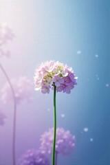 Single hydrangea stem, gentle sway, subtle movement, light and airy, abstract background, pastel colors A single hydrangea stem with delicate blooms, angled gracefully, as if swaying gently. Against a