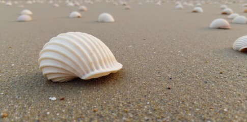 Sunrise Beach Seashells and Sunrise A detailed close up of seashells scattered on a sandy beach at sunrise. Focus on the texture and color contrast. No people.