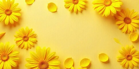 Daisy Yellow Abstract arrangement of yellow daisy petals against a soft, muted background. An overhead shot of loosely scattered yellow daisy petals forming an abstract, organic pattern on a soft,