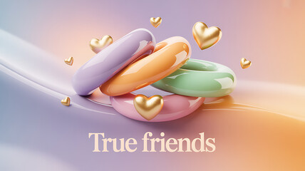 Colorful interlocking rings with golden hearts on a soft gradient background, symbolizing true friendship