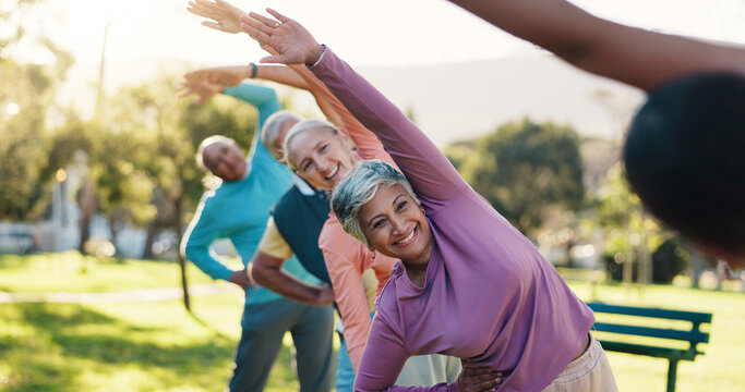 Class, stretching and workout with old people in park for wellness, fitness or mobility exercise. Joint friendly training, retirement and learning with senior men and women outdoor for warm up
