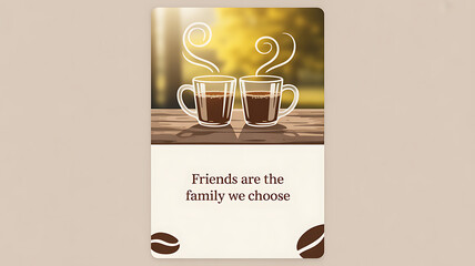 Two steaming coffee cups on a wooden table with a quote about friendship against a warm outdoor background
