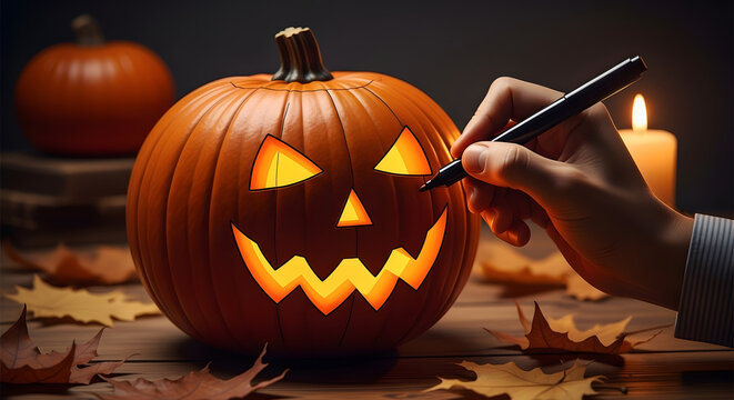 A hand carves a glowing jack-o'-lantern with a sharp tool, surrounded by autumn leaves and a lit candle. - Powered by Adobe