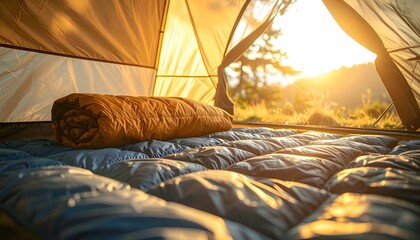 Cozy camping scene inside a tent with a sleeping bag, golden sunrise illuminating the landscape