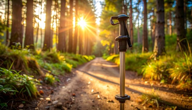 Hiking pole stands on a forest trail as sunlight filters through trees, creating a serene atmosphere