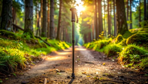 Hiking pole standing on a forest trail during sunset, surrounded by lush greenery and sunlight filtering through trees