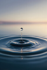 A close-up view of a single water drop falling into a clear, calm pond, captured at the moment of impact