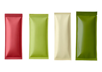 Colorful sachet packaging collection for product design and branding on transparent background