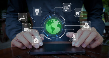 Eco Technology Interface with Sustainable Energy and Agriculture Icons