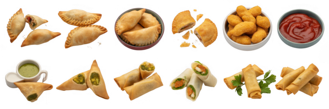 Golden fried snacks and dipping sauce isolated on a transparent background