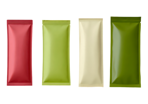 Colorful sachet packaging collection for product design and branding on transparent background