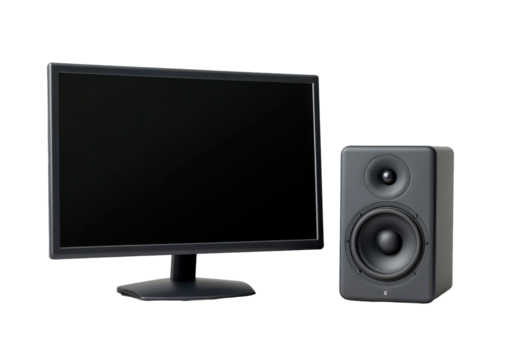 Modern technology setup with monitor and speaker for audio visual experience on transparent background