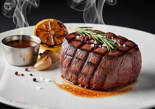 Juicy grilled filet mignon steak with rosemary and lemon on a white plate, beef steak, gourmet meal, grilled meat, steakhouse dish, fine dining, juicy beef, restaurant cuisine