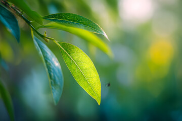 A close-up view of a fresh green leaf gently shaking in the wind