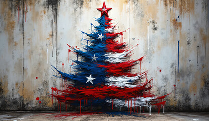 Urban Wall Graffiti of a Christmas Tree in Red, White, and Blue Paint Strokes with USA Stars and Dripping Paint for Edgy Realism