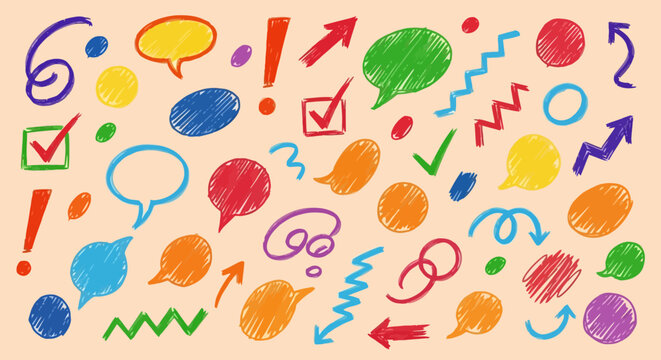 Collection of colorful hand drawn speech bubbles arrows checkmarks and exclamation points on a light background