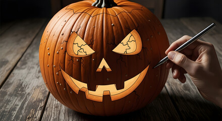 Carving a Halloween pumpkin with a menacing face on a rustic wooden surface.