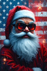 Vibrant Street Art Mural of Santa Claus with Sunglasses, USA Flag Graffiti Background, Neon Snowflakes, and Graffiti Christmas Ornaments