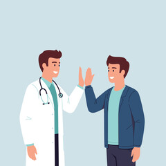 Fototapeta premium A smiling male doctor in a white coat gives a high-five to his happy young male patient.