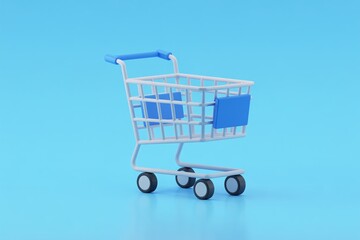 Shopping cart icon blue handle metal frame wheels background surreal fantasy retail design
