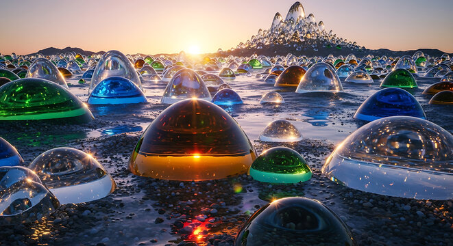 Surreal landscape of glowing crystal spheres and a distant mountain