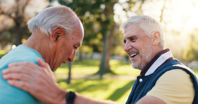 Fitness, park and senior men with support for friends, encouragement and motivation for exercise. Retirement, outdoor workout and elderly people with commitment to health, flare and wellness training