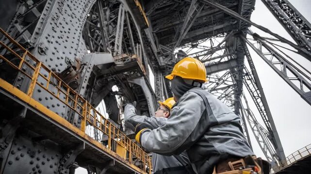 Medium shot of engineers inspecting the mechanical components of a drawbridge lift system during routine structural integrity checks.
