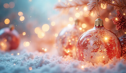 Luxury Christmas Banner with Red, White, and Blue Glass Ornaments Reflecting Golden Light on Smooth Gradient Background